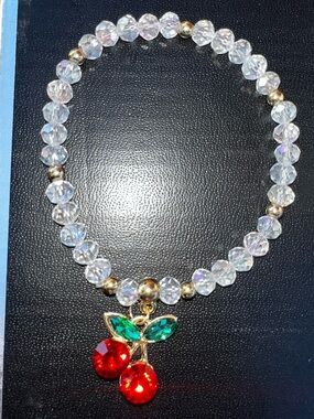 Crystal Bead Bracelet with Red Cherry Charm
